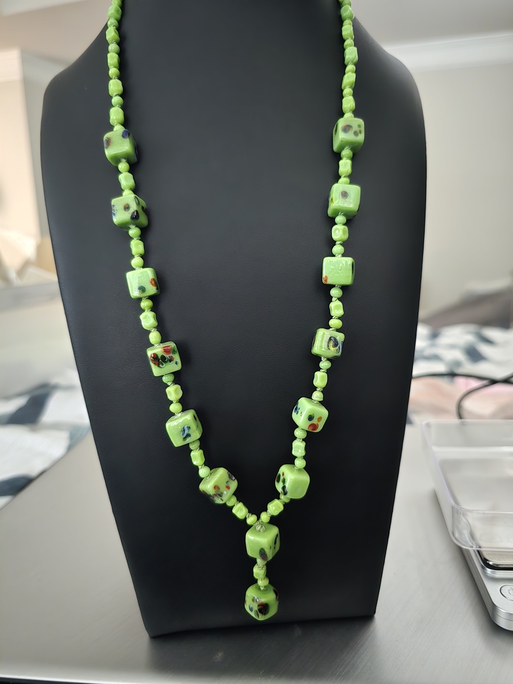 Vintage Czech Green Art Glass Cube Necklace Hand Knotted 14/20 14K Gold Filled C